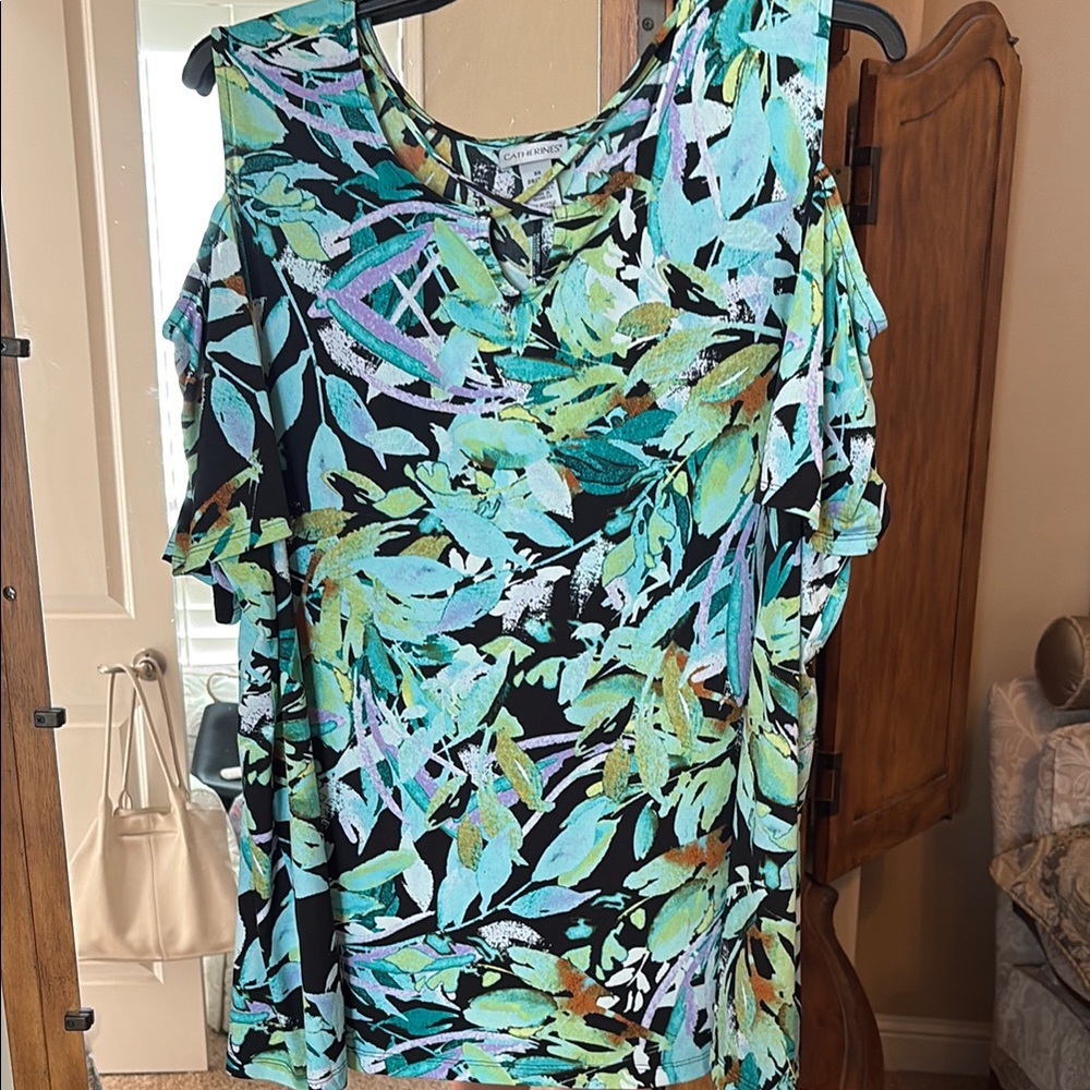 Catherines Leafy Cold Shoulder Blouse - Green and Blue